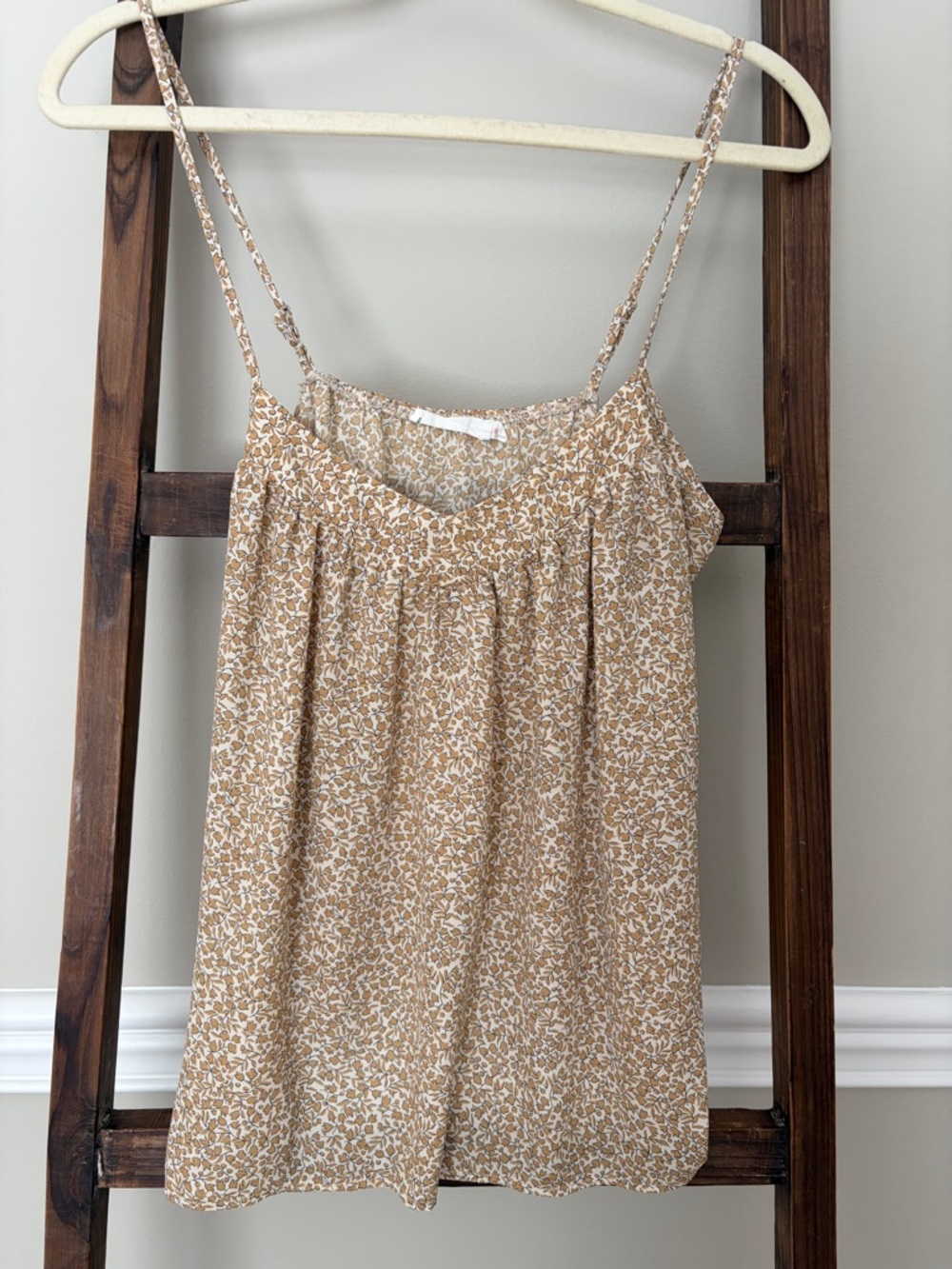 Lush Camel and White Floral Spaghetti-Strap Cami